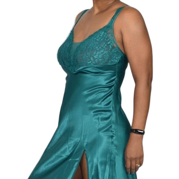 Vintage Victorias Secret Nightgown Green Satin Maxi Slip High Slit Gold Label XS - Picture 5 of 16